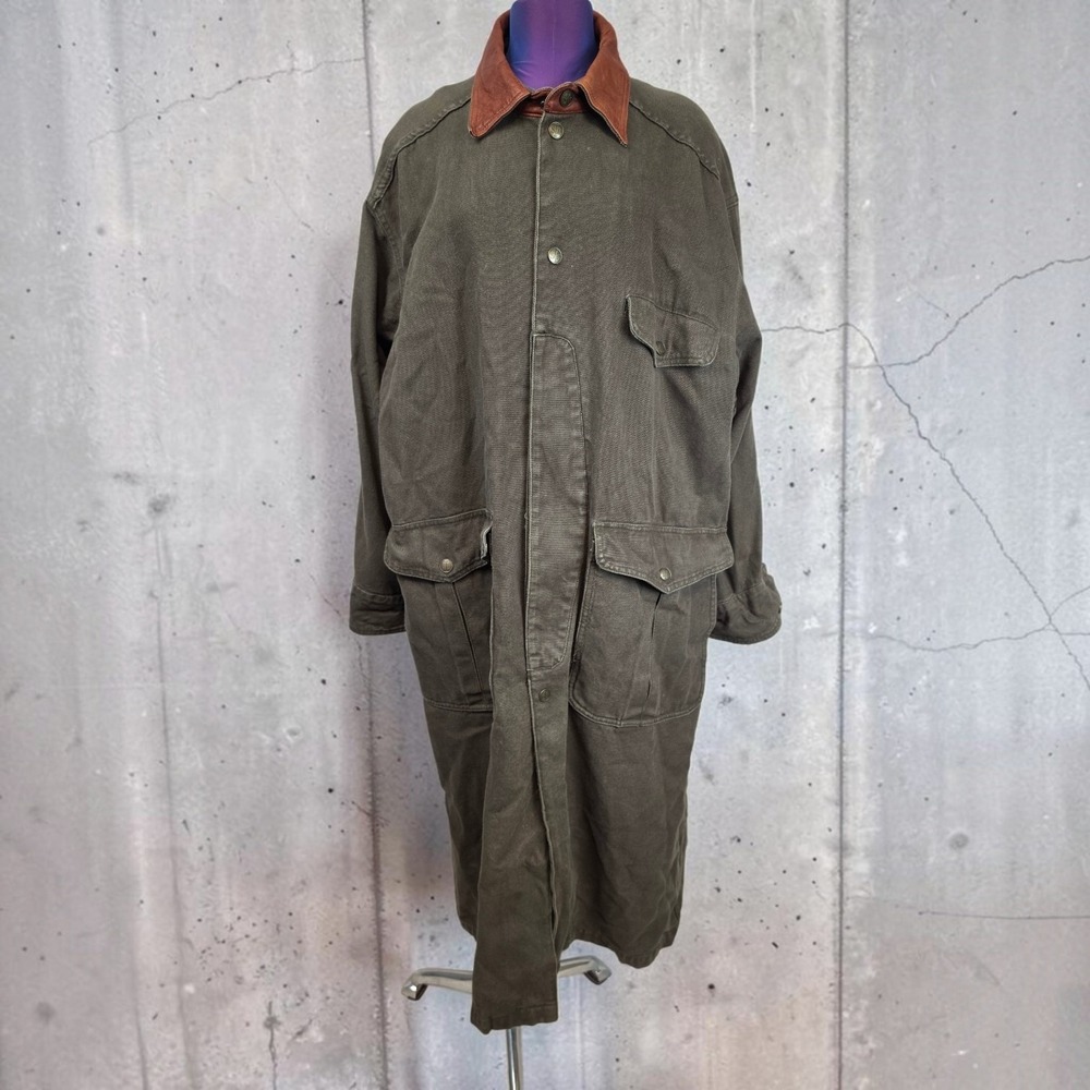 Vintage Structure Expedition Gear Mens Olive Canvas Duster Coat Leather Collar M